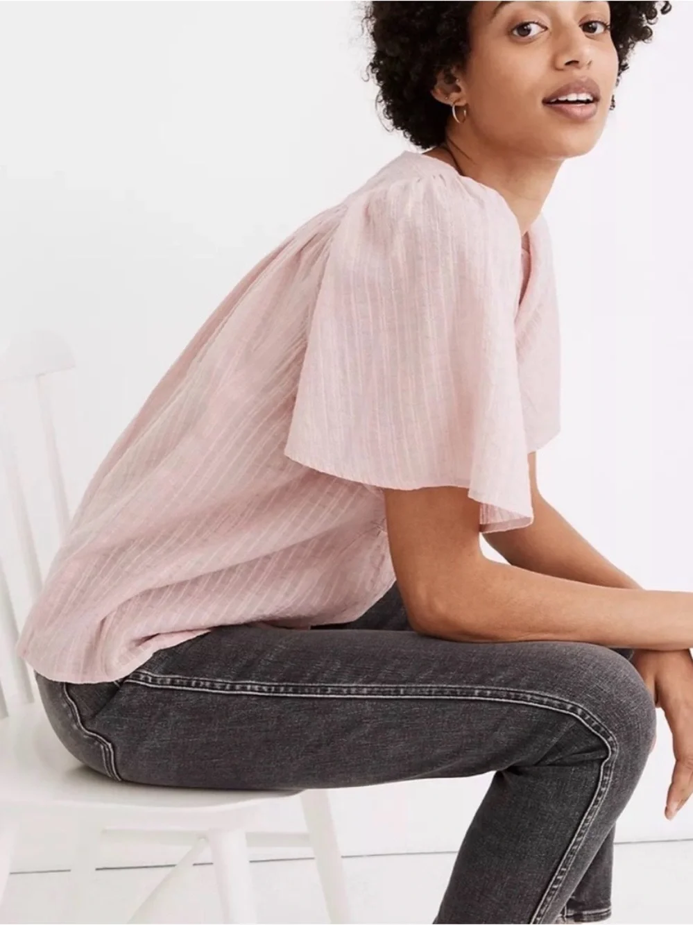 Madewell Courtyard Flutter Pink Button-Front Puff-Sleeve Blouse Top Capsule | S